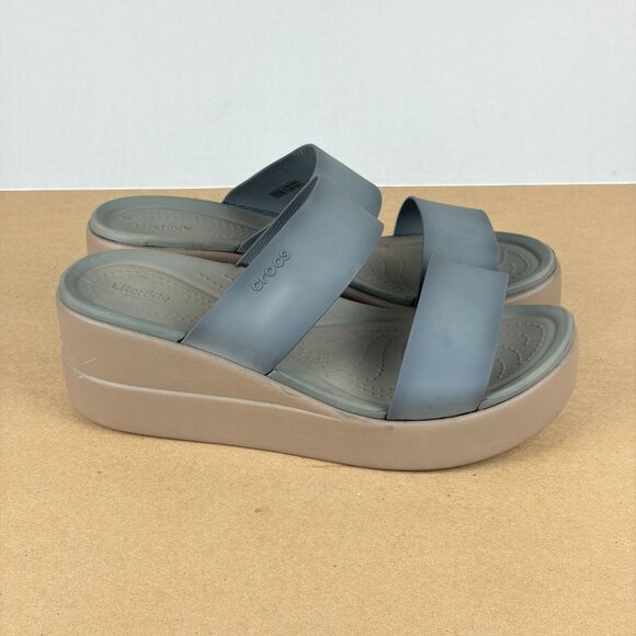 Crocs Brooklyn Mid Wedge Two Strap Sandals Womens 9 Blue/Gray Tan Slip On - Picture 3 of 9